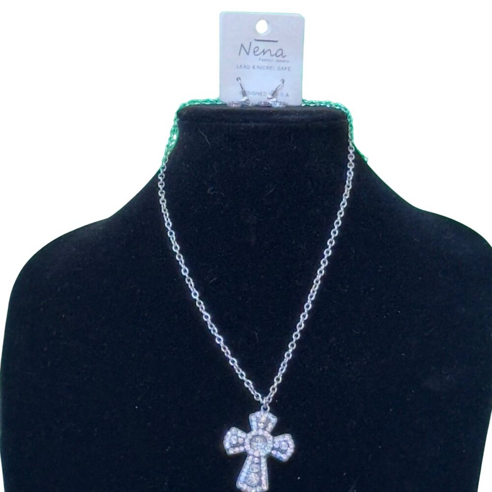 Nena Rhinestone Cross Necklace & Earrings Set Silver-Tone